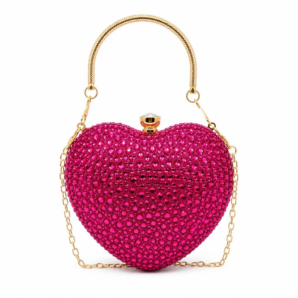 Women's Hot Pink Rhinestone Heart Clutch Bag Formal Evening Cocktail Purse NEW - Picture 3 of 14